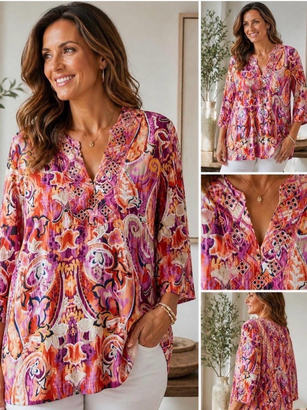 🍎Chico’s Vibrant Pink Orange Paisley V-Neck Tunic size 3/u.s 16 GUC